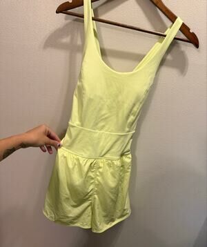 Women’s Neon Yellow Athletic Dress Romper Built-In Shorts Pocket